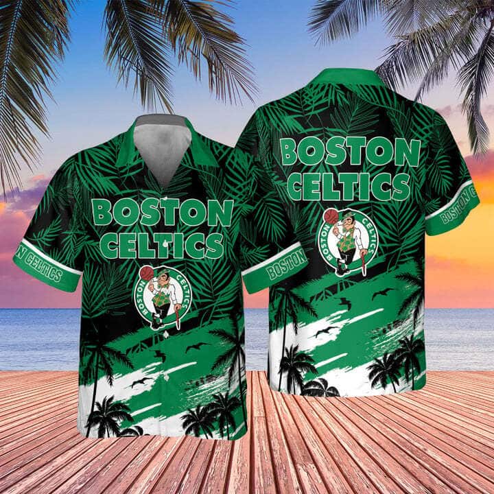 Vintage Boston Celtics Hawaiian Shirt Leaves Tropical Summer Vacation Gift