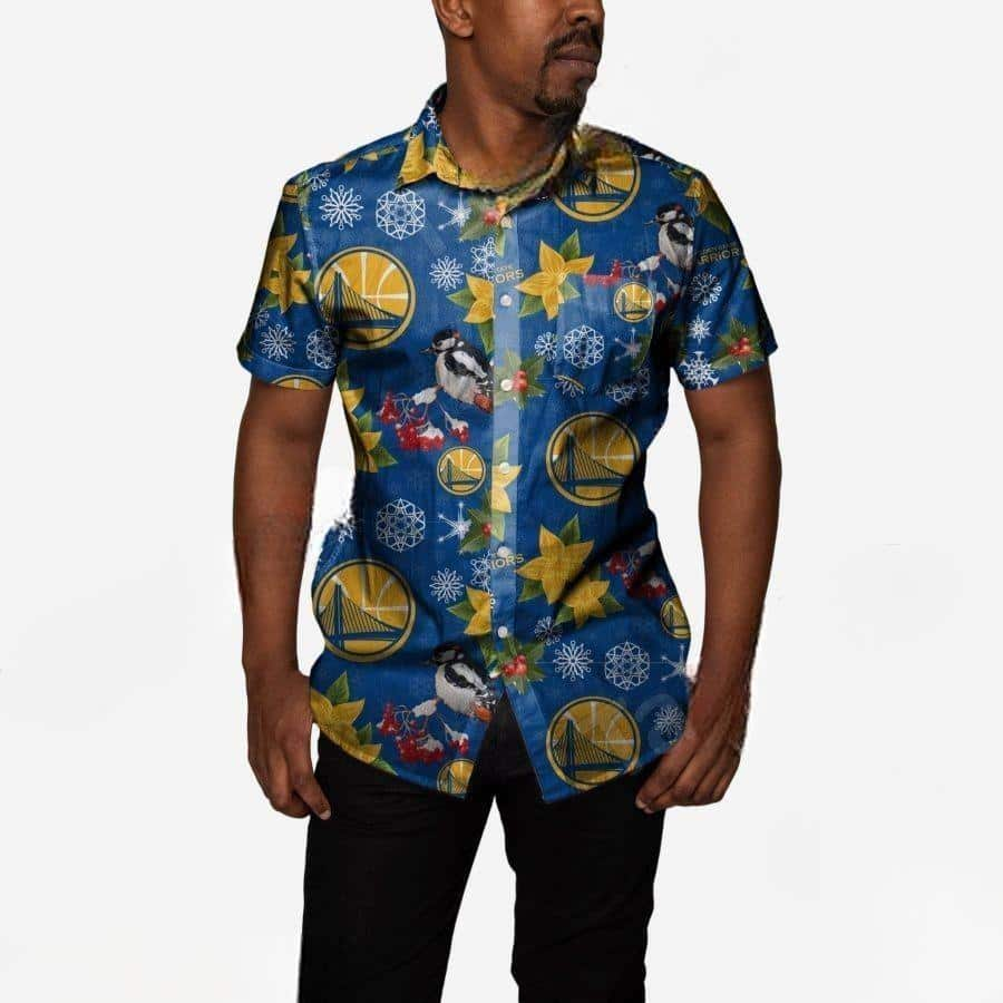 Blue Aloha Golden State Warriors Hawaiian Shirt Mistletoe Gift For Him