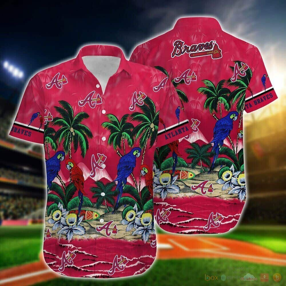 Red MLB Atlanta Braves Hawaiian Shirt Parrot Coconut Trees Beach Lovers Gift