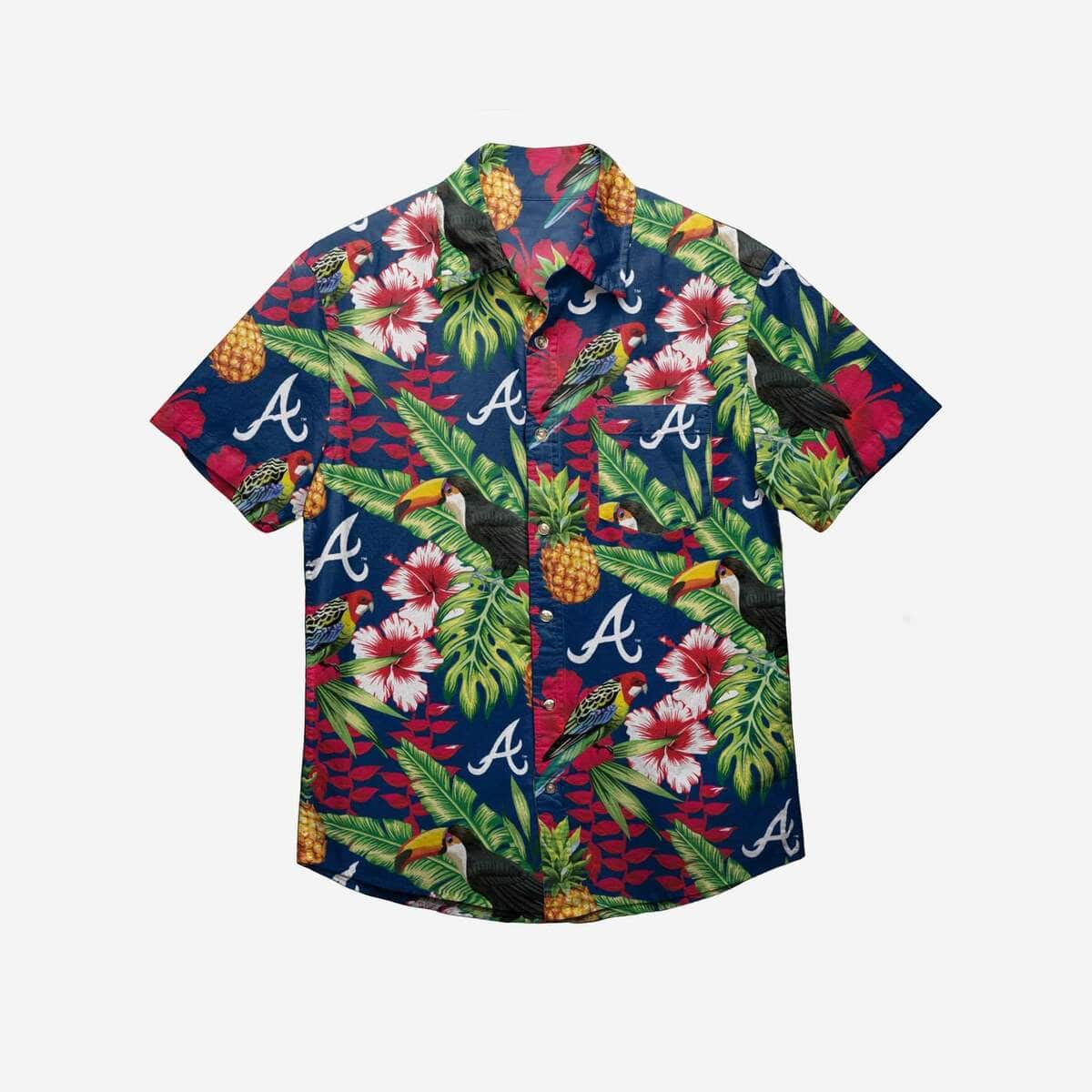 Colorful Atlanta Braves Hawaiian Shirt Flowers And Leaves Tropical Gift For Beach Lovers