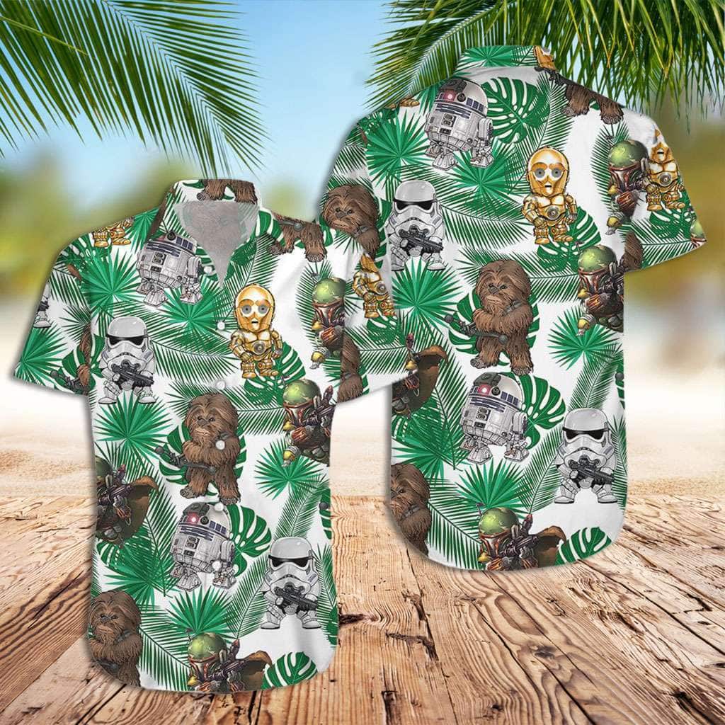 White Summer Aloha Star Wars Stormtrooper And Chewbacca Tropical Leaves Pattern Hawaiian Shirt White Summer Aloha Star Wars Stormtrooper And Chewbacca Tropical Leaves Pattern Hawaiian Shirt