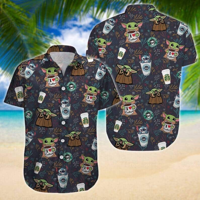 Stitch And Baby Yoda Star Wars Drinking Coffee Hawaiian Shirt Summer Gift For Friends Stitch And Baby Yoda Star Wars Drinking Coffee Hawaiian Shirt Summer Gift For Friends