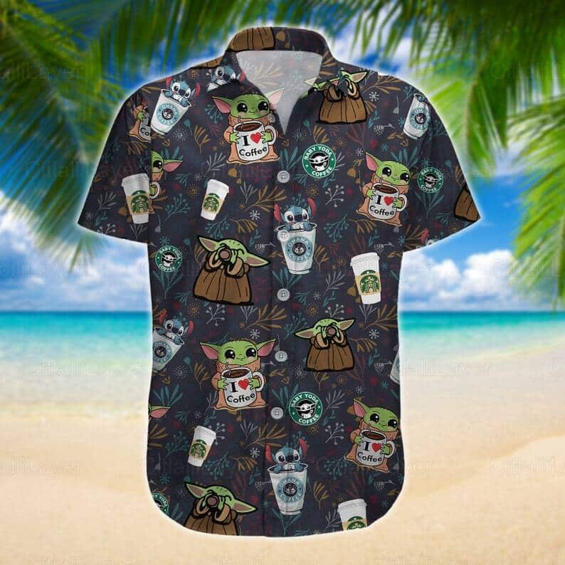 Stitch And Baby Yoda Star Wars Drinking Coffee Hawaiian Shirt Summer Gift For Friends Stitch And Baby Yoda Star Wars Drinking Coffee Hawaiian Shirt Summer Gift For Friends
