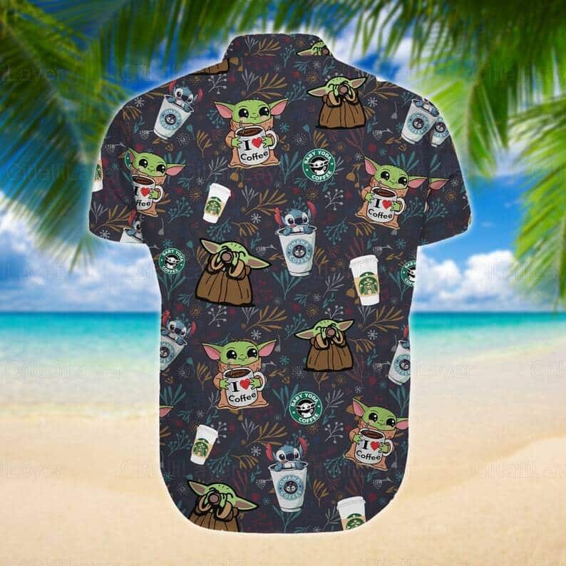Stitch And Baby Yoda Star Wars Drinking Coffee Hawaiian Shirt Summer Gift For Friends Stitch And Baby Yoda Star Wars Drinking Coffee Hawaiian Shirt Summer Gift For Friends