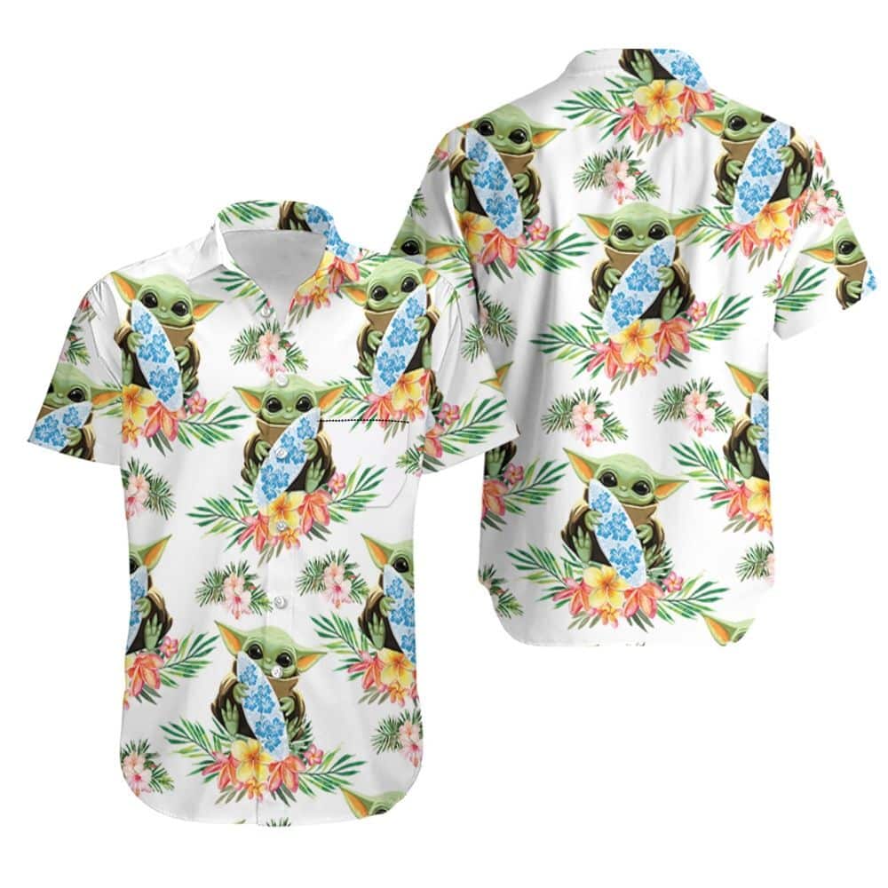 White Aloha Star Wars Baby Yoda Hugging Surf Boards Hawaiian Shirt Gift For Beach Trip White Aloha Star Wars Baby Yoda Hugging Surf Boards Hawaiian Shirt Gift For Beach Trip