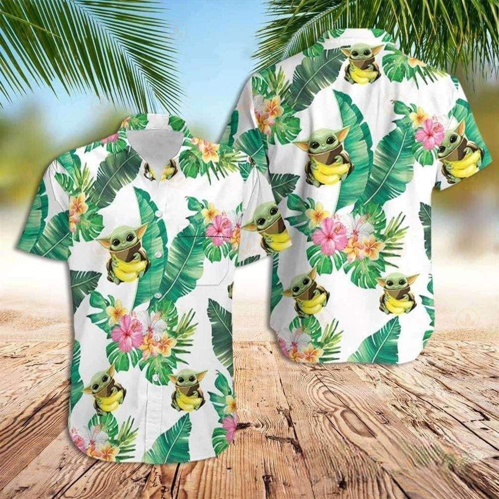 Star Wars Baby Yoda Hugging Bananas Leaves White Aloha Hawaiian Shirt Star Wars Baby Yoda Hugging Bananas Leaves White Aloha Hawaiian Shirt