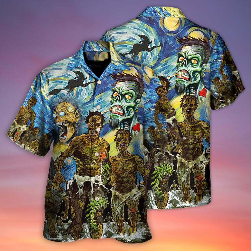 Zombie Crazy Starry Night Funny Boo Art Style Hawaiian Shirt Halloween Gift Zombie Crazy Starry Night Funny Boo Art Style Hawaiian Shirt Halloween Gift