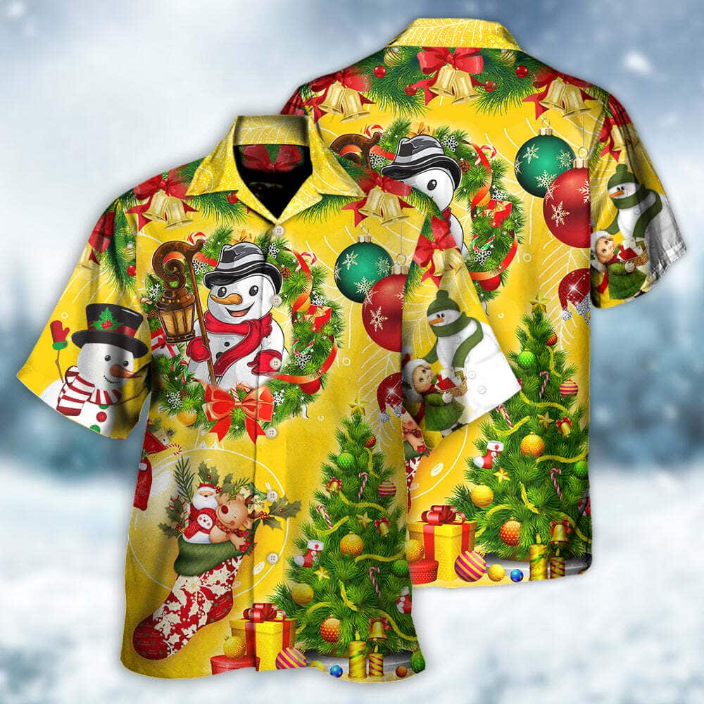 Christmas Funny Hawaiian Shirt Snowman Happy Christmas Tree Yellow Light