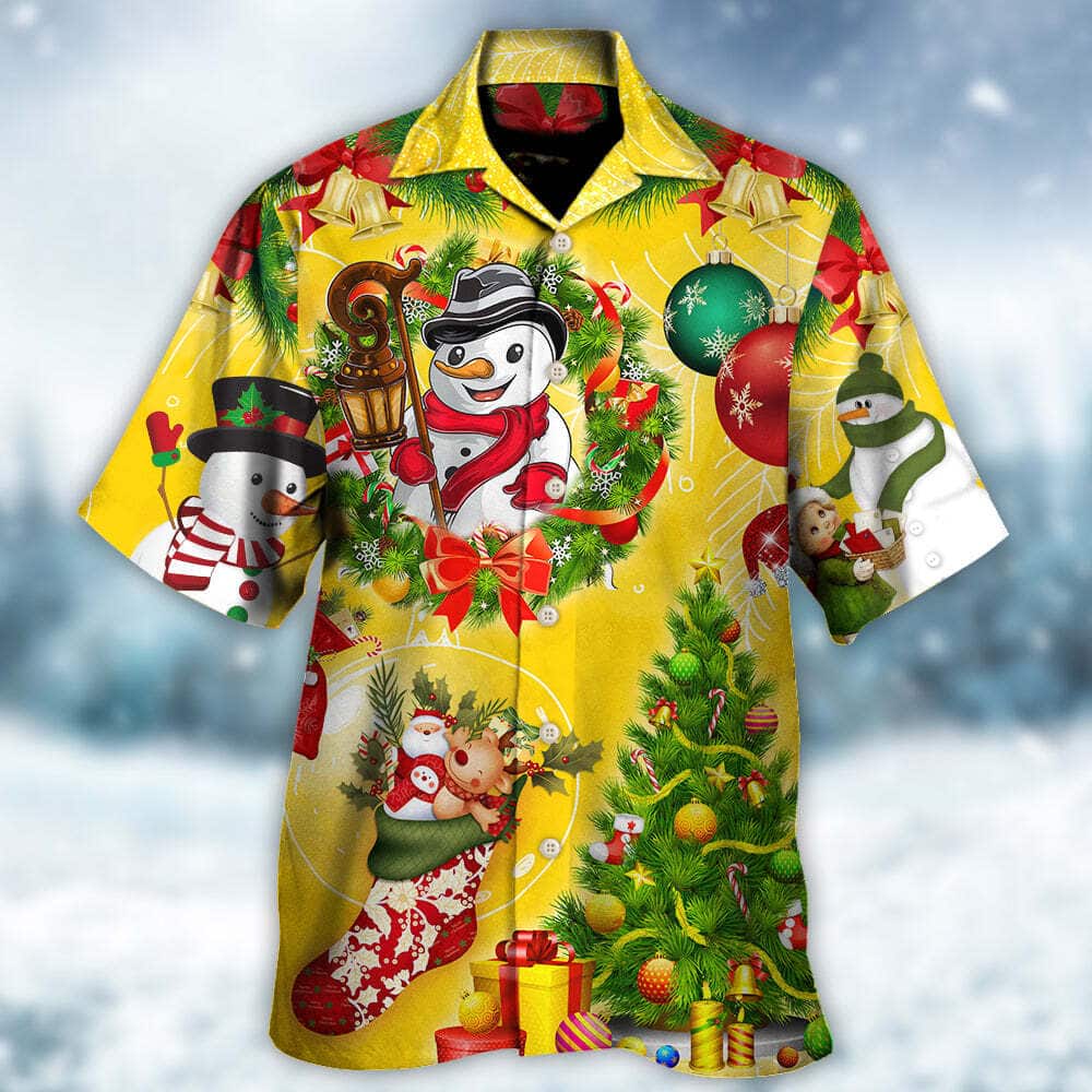 Christmas Funny Hawaiian Shirt Snowman Happy Christmas Tree Yellow Light Christmas Funny Hawaiian Shirt Snowman Happy Christmas Tree Yellow Light