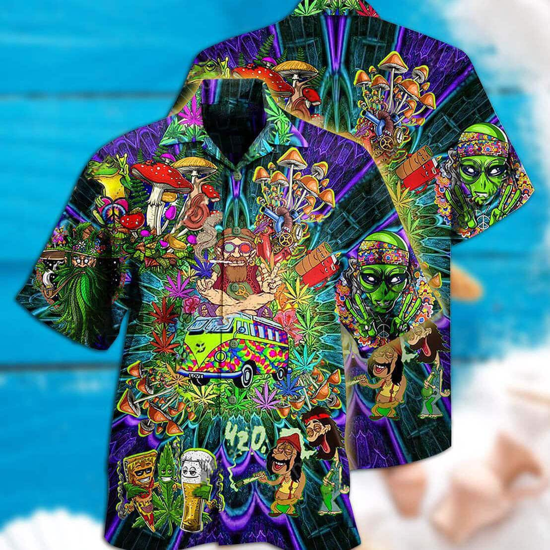 Hippie Mushroom Alien Bus Everything Funny Style Hawaiian Shirt Beach Gift For Friend