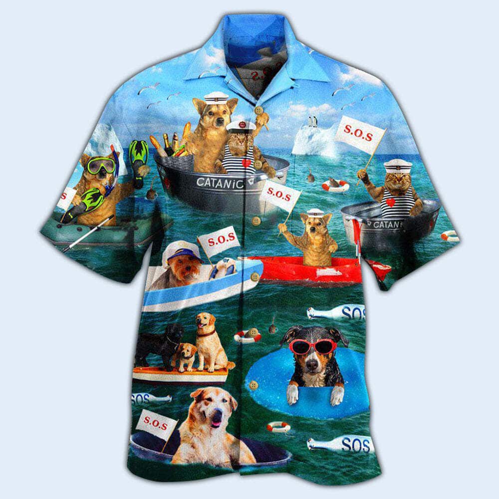 Dogs And Cats Funny Hawaiian Shirt On Boat S.O.S Gift For Best Friend Dogs And Cats Funny Hawaiian Shirt On Boat S.O.S Gift For Best Friend