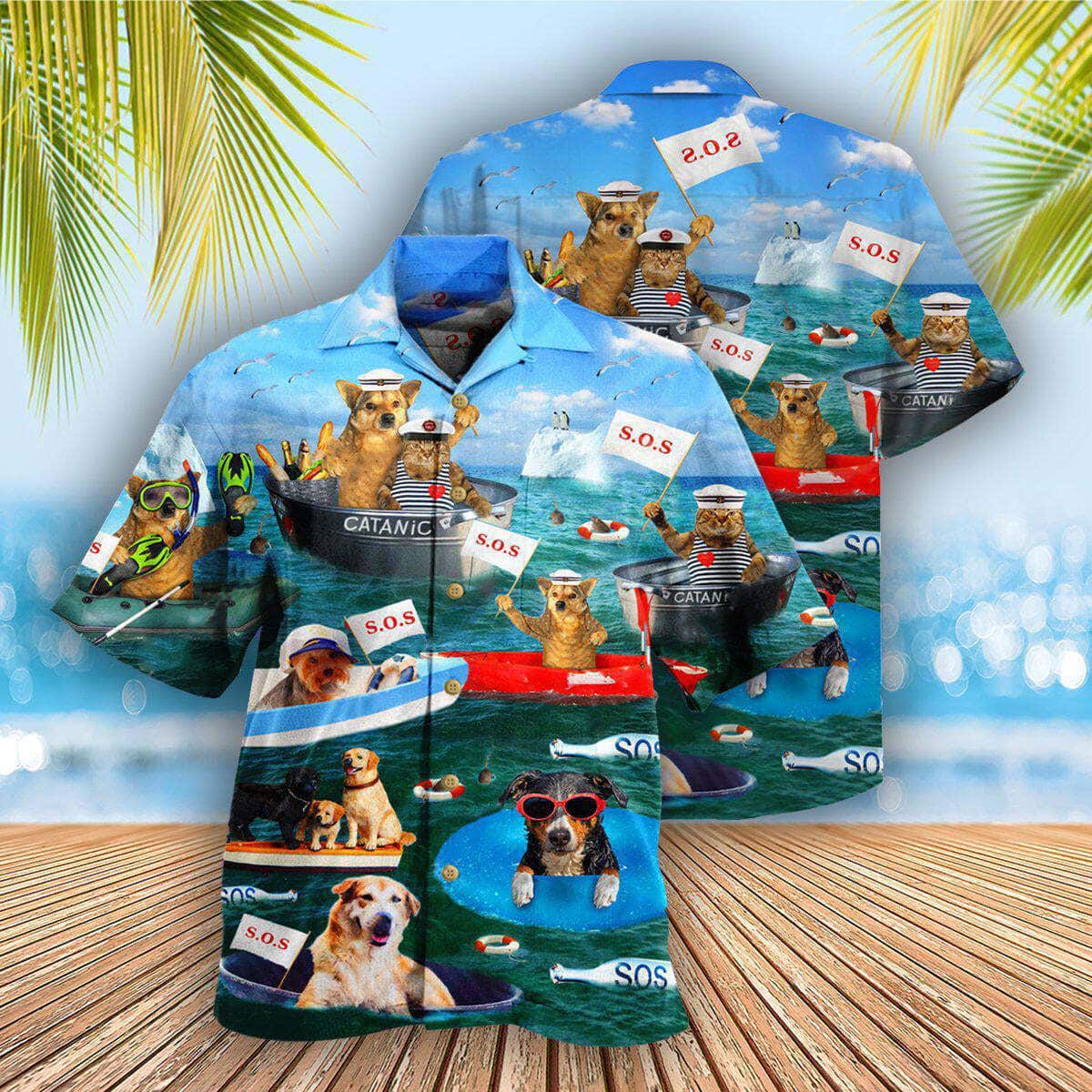 Dogs And Cats Funny Hawaiian Shirt On Boat S.O.S Gift For Best Friend Dogs And Cats Funny Hawaiian Shirt On Boat S.O.S Gift For Best Friend