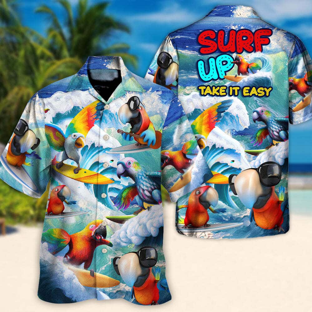 Colorful Funny Hawaiian Shirt Parrot Surfing Surf Up Take It Easy Gift For Boyfriend Colorful Funny Hawaiian Shirt Parrot Surfing Surf Up Take It Easy Gift For Boyfriend