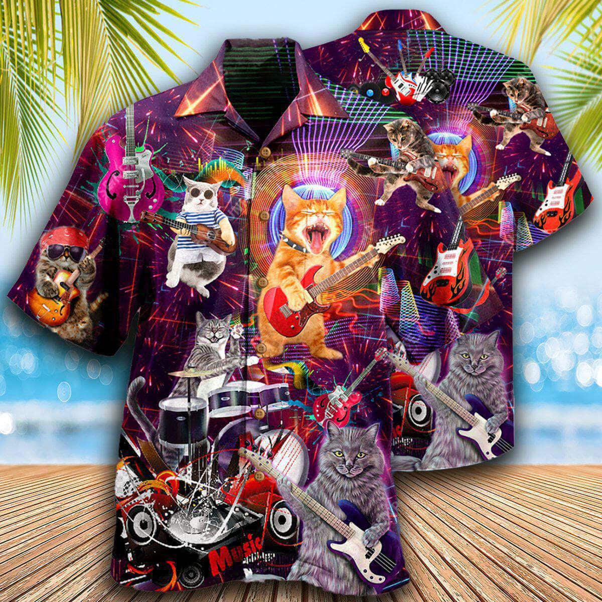 Style Funny Hawaiian Shirt Cat Rocker Guitar Bass Gift For Beach Lovers Style Funny Hawaiian Shirt Cat Rocker Guitar Bass Gift For Beach Lovers