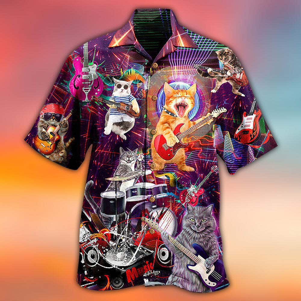 Style Funny Hawaiian Shirt Cat Rocker Guitar Bass Gift For Beach Lovers Style Funny Hawaiian Shirt Cat Rocker Guitar Bass Gift For Beach Lovers